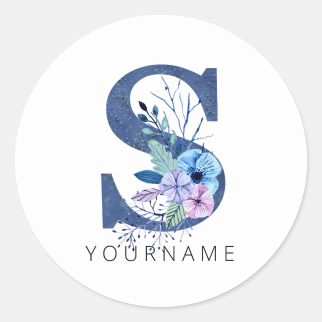 Sticker Rond Floral Monogramme S Flores Bleues Hiver (Devant)