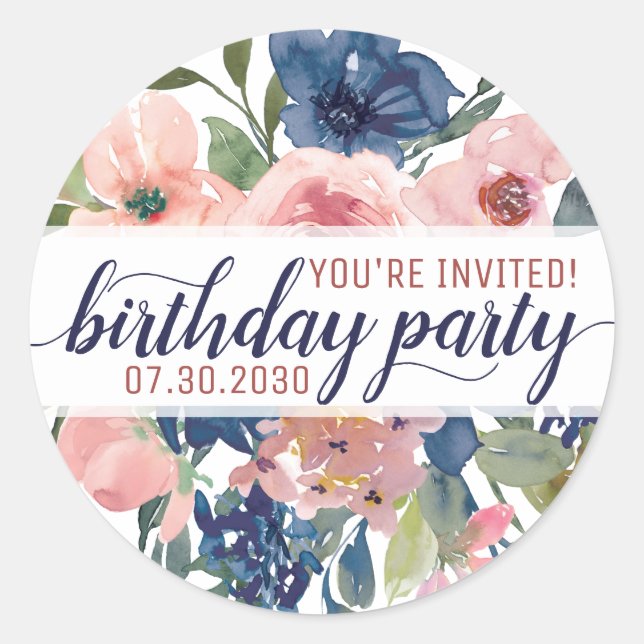 Sticker Rond Floral Navy Blue Blush Pink Vous êtes invité Anniv (Devant)