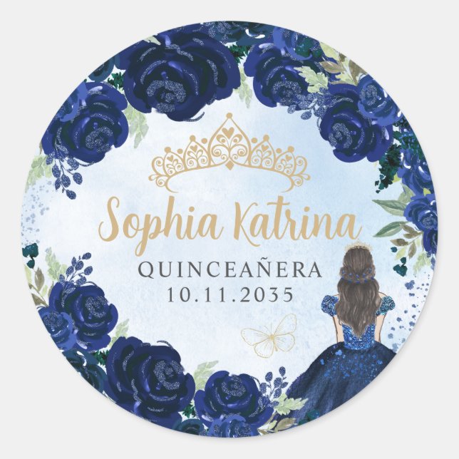 Sticker Rond Floral Navy Blue Gold Quinceanera Anniversaire Fav (Devant)