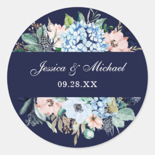 Sticker Rond Floral Navy Blue Hydrangea Mariage d'aquarelle