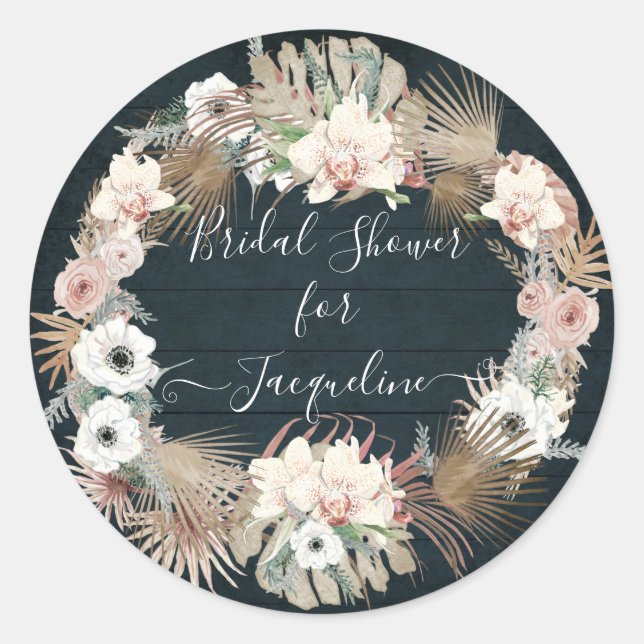 Sticker Rond Floral Navy Blush Blanc Rustique Bois Palm Folim (Devant)