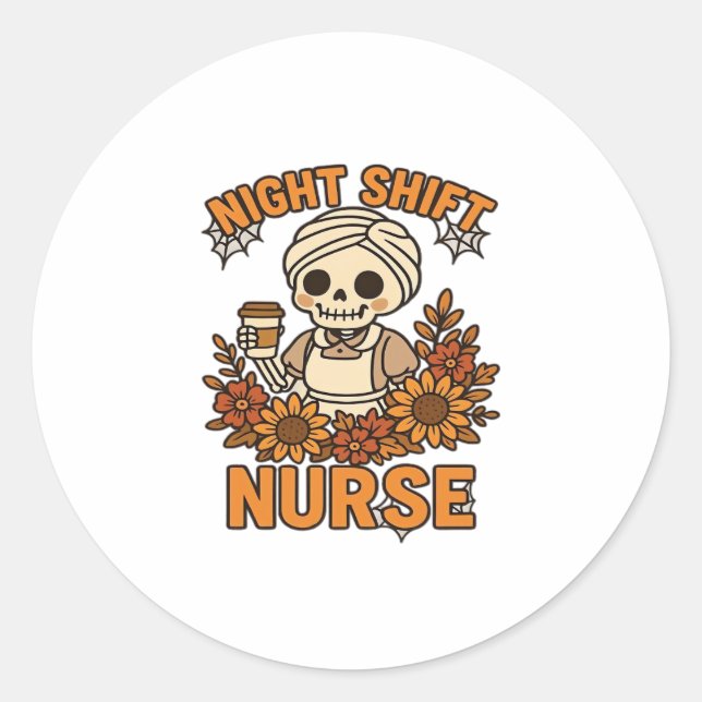 Sticker Rond Floral Night Shift Nurft Skeleton Halloween RN Nur (Devant)