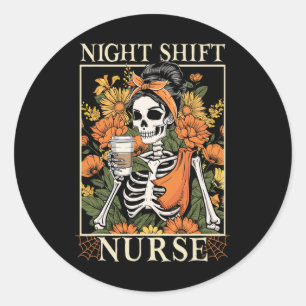 Sticker Rond Floral Night Shift Nurse Skeleton Halloween Rn Nur
