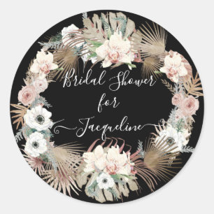 Sticker Rond Floral Noir Blanc Blanc Rustique Bois Feuillage