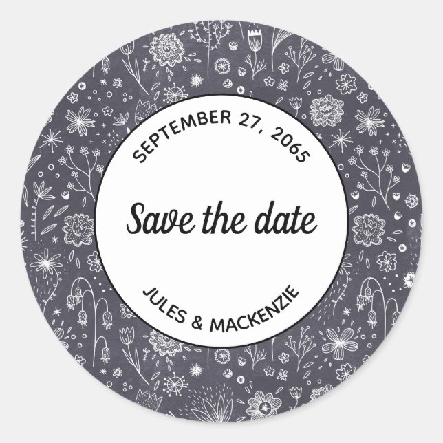 Sticker Rond Floral noir blanc moderne Enregistrer la date Mari (Devant)