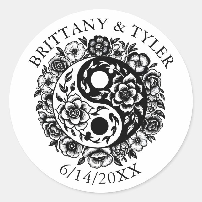 Sticker Rond Floral noir et blanc Yin Yang (Devant)