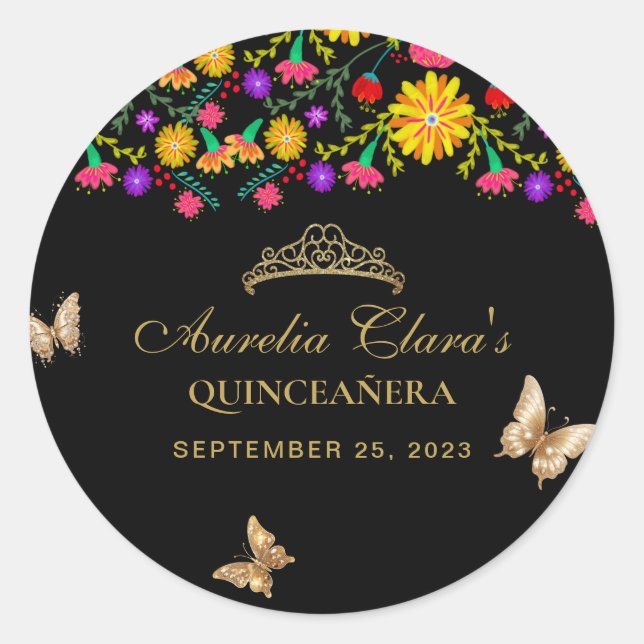 Sticker Rond Floral Noir Tiara Butterfly Mis Quinceañera (Devant)