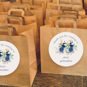 Sticker Rond Floral Number 15 Ivory Royal Blue Gold Quinceanera