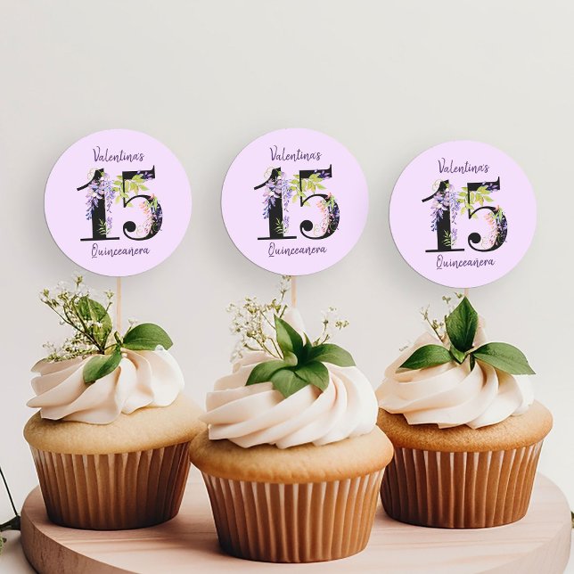 Sticker Rond Floral Numéro 15 Purple Wisteria Quinceanera (15th Birthday Stickers from my Purple Wisteria Quinceanera Collection)