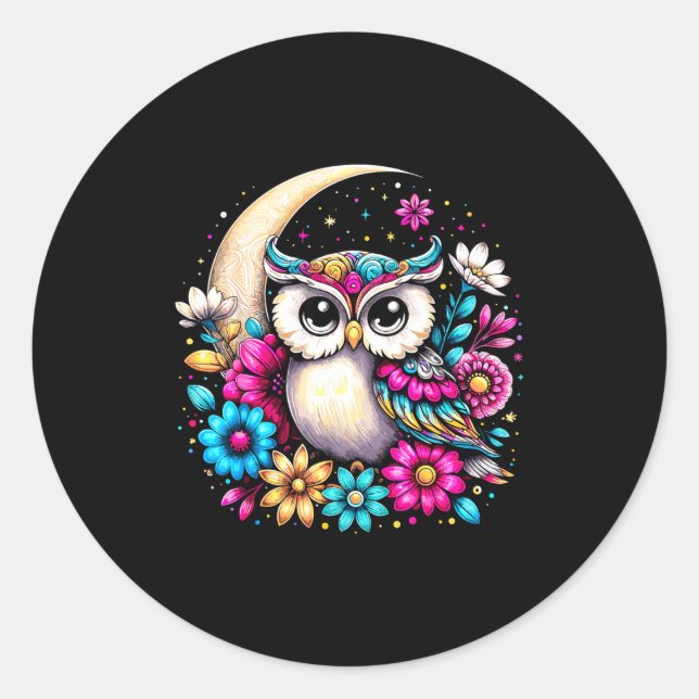 Sticker Rond Floral Owl And Moon  (Devant)