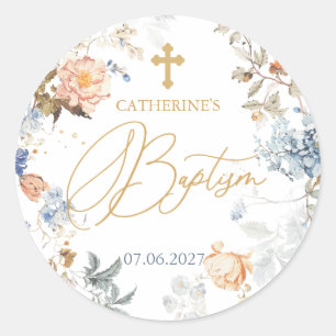 Sticker Rond Floral Pale Peach Blush Croix Bleue Baptême
