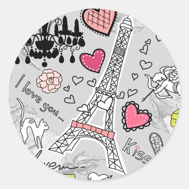 Sticker Rond Floral Paris Eiffel Tour noir rose et gris (Devant)