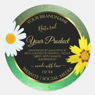 Sticker Rond Floral Parties scintillant verte Noir et Or Étique