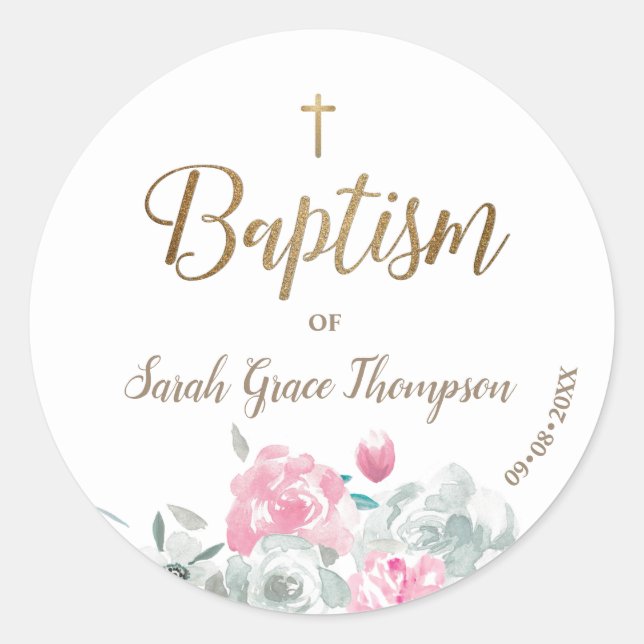Sticker Rond Floral personnalisé Bébé fille croix d'or baptême (Devant)