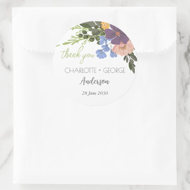 Sticker Rond Floral pourpre et Merci Mariage vert (Sac)