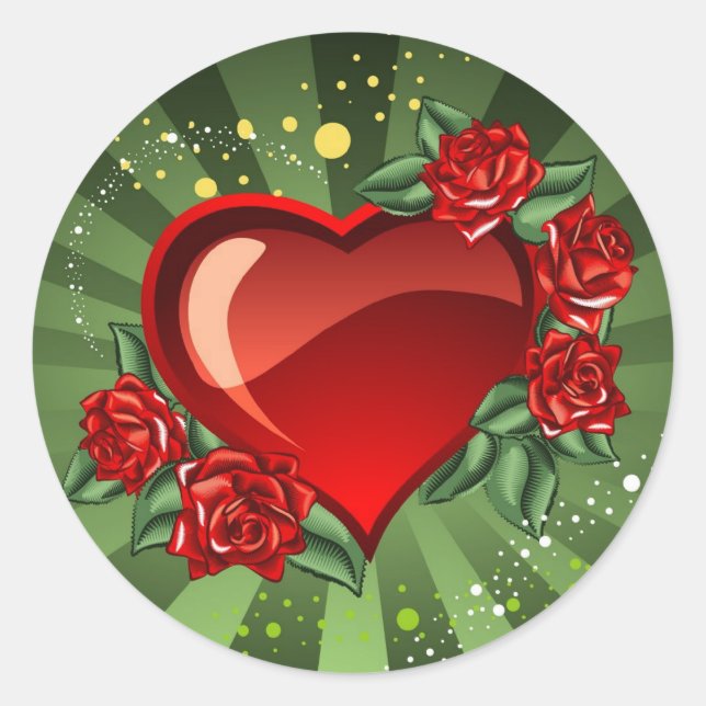 Sticker Rond Floral Red Hearts & Rose Green Stripes Mariage (Devant)