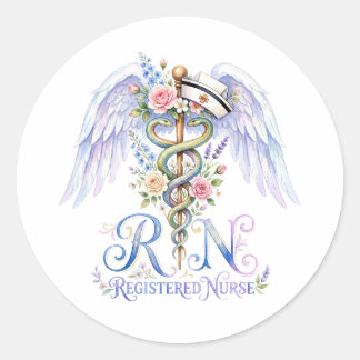 Sticker Rond Floral RN Registered Nurse Angel Wings Watercolor 