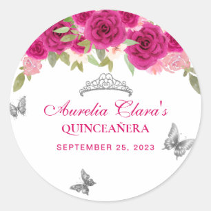 Sticker Rond Floral rose Argent Tiara Papillon Quinceañera