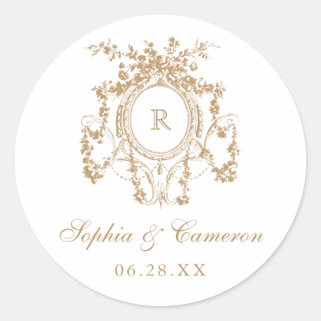Sticker Rond Floral Rose Crest Mariage Monogramme (Devant)