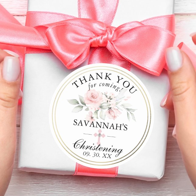 Sticker Rond Floral rose fille Christening Merci (Floral Pink Girl Christening / Baptism Thank You Classic Round Sticker for gifts, favors, bags, etc.)