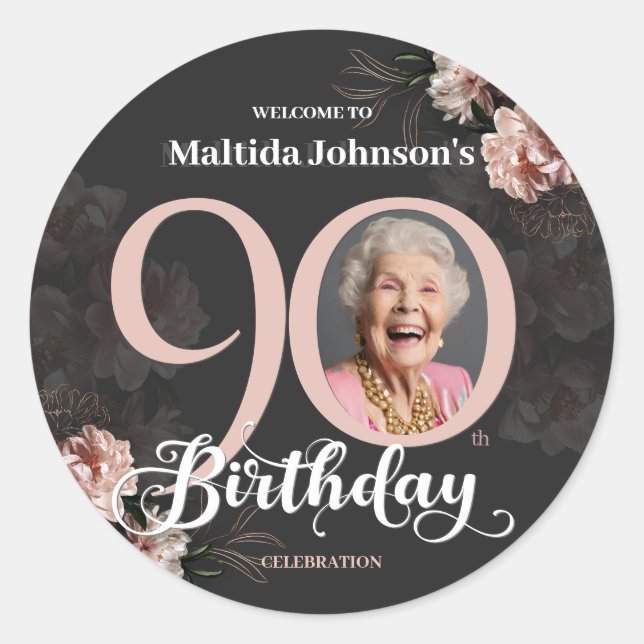 Sticker Rond Floral rose Grey Photo personnalisée 90e anniversa (Devant)