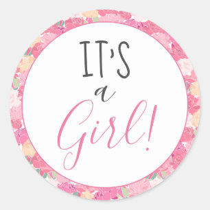 Sticker Rond Floral rose moderne C'est une fille ! Saupoudrer b