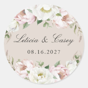 Sticker Rond Floral rose rose blanc pivoine beige Mariage
