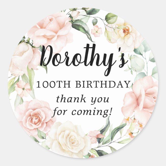 Sticker Rond Floral rose rustique 100e anniversaire Merci (Devant)