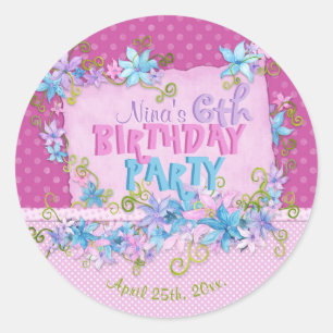 Sticker Rond Floral rose violet Pois fête d'anniversaire