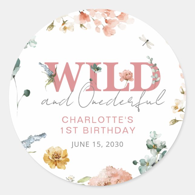Sticker Rond Floral rose Wild & Onederful Girl 1er anniversaire (Devant)
