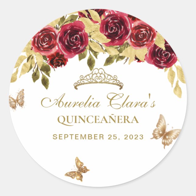 Sticker Rond Floral Rouge or Tiara Butterfly Quinceañera (Devant)
