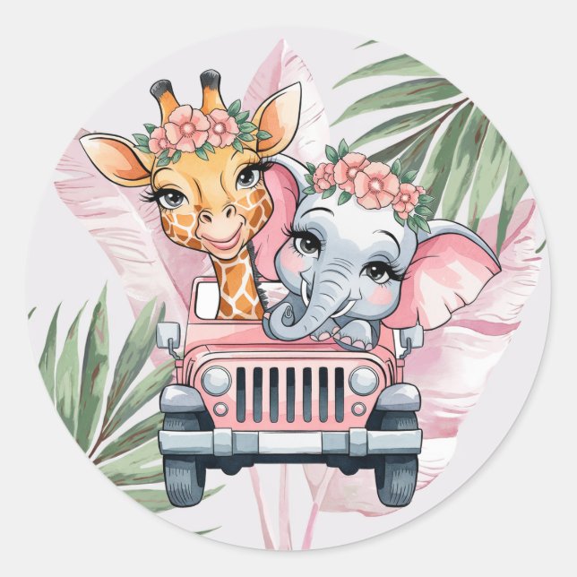 Sticker Rond Floral Safari aventure Baby shower fille rose (Devant)