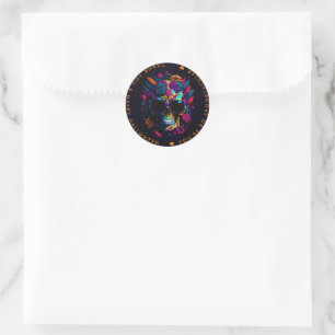 Sticker Rond FLORAL SKULL Coloré Halloween Party
