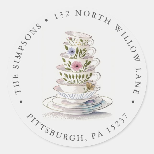 Sticker Rond Floral Teacups Adresse de retour (Devant)