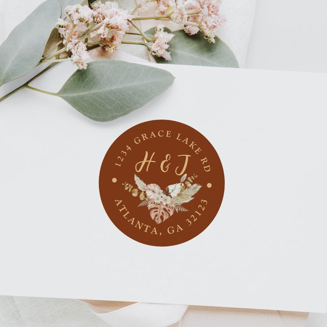 Sticker Rond Floral Terracotta Mariage Adresse de retour (Floral Terracotta Wedding Return Address Classic Round Sticker)