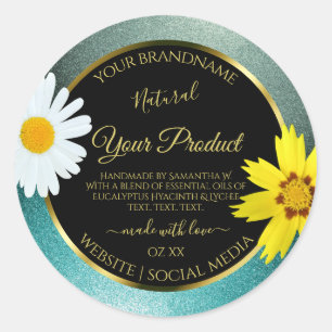 Sticker Rond Floral Turquoise et Parties scintillant bleue Étiq