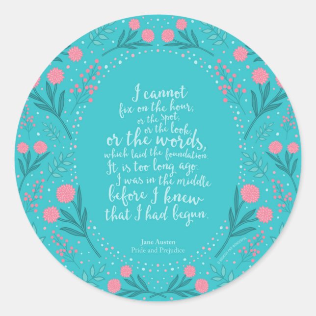 Sticker Rond Floral turquoise et rose Jane Austen Fierté et pré (Devant)