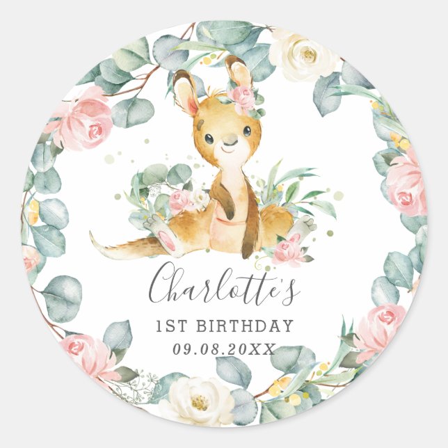 Sticker Rond Floral verdure Kangaroo Douche Anniversaire Favori (Devant)