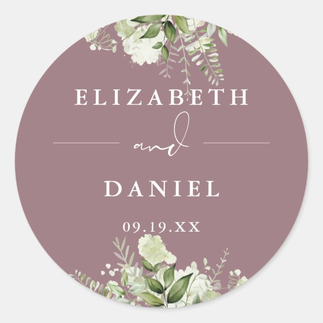 Sticker Rond Floral Verdure Mauve Mariage Favoriser (Devant)