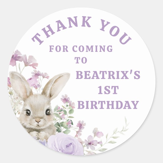 Sticker Rond Floral Violet Un Lapin Tournant Un 1Er Anniversair (Devant)