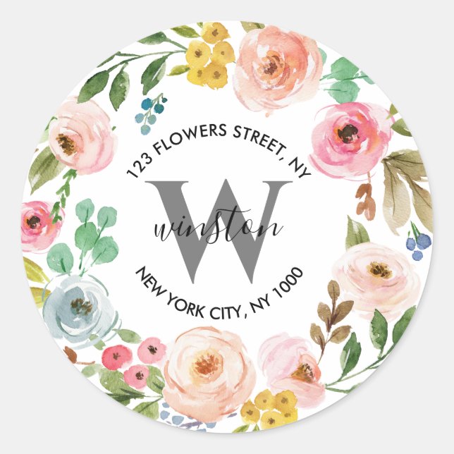 Sticker Rond Floral Wreath Boho Monogramme Adresse de retour (Devant)