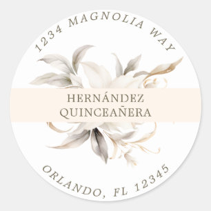 Sticker Rond Florales d'hiver en argent blanc Quinceañera