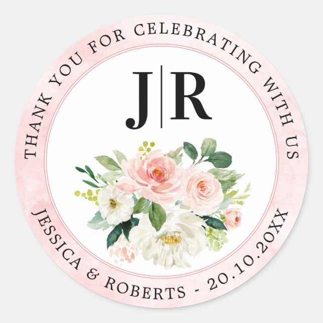 Sticker Rond Florales rose pâle Merci Mariage botanique (Devant)
