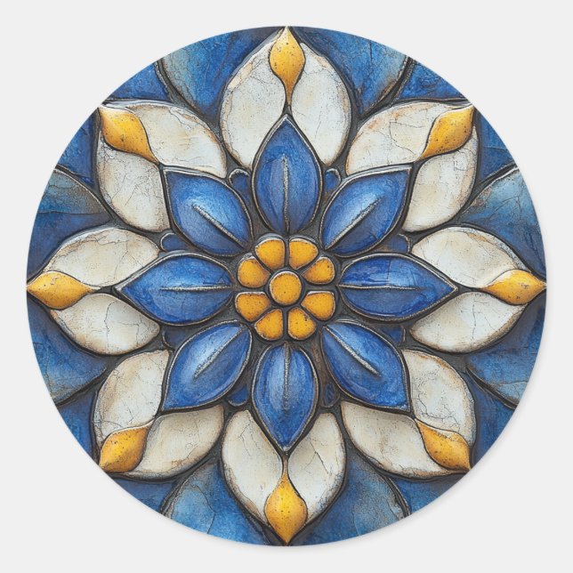 Sticker Rond Flore Azulejo bleu blanc et jaune (Devant)