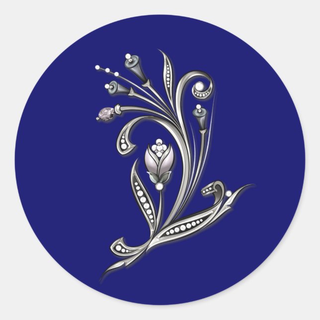Sticker Rond Flore d'argent sur le sceau d'enveloppe Mariage bl (Devant)
