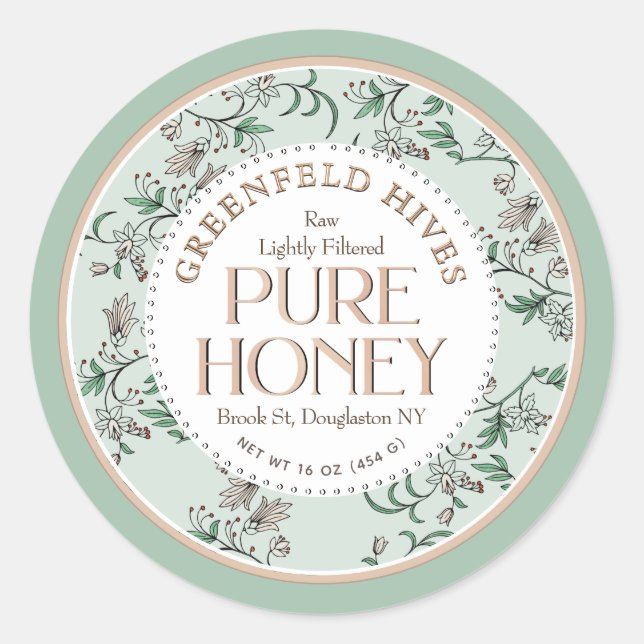 Sticker Rond Flore Imprimé Abeilles Vert pâle et Blush Miel cru (Devant)