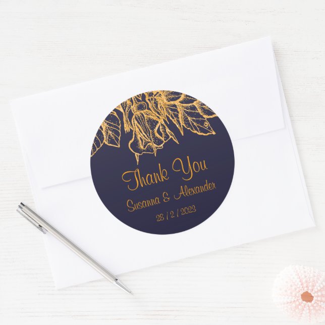 Sticker Rond Flore Parties scintillant or sur Merci Mariage ble (Enveloppe)