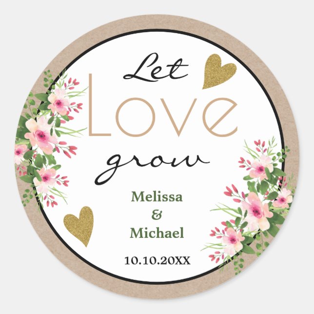 Sticker Rond Flore rose laissez l'amour grandir Mariage tropica (Devant)