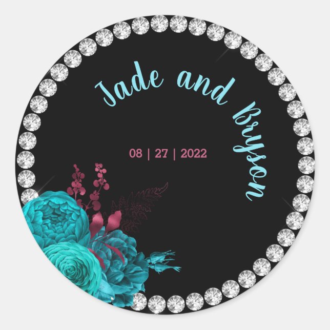 Sticker Rond Flore Turquoise et Mauve Elegant Rhinestone (Devant)