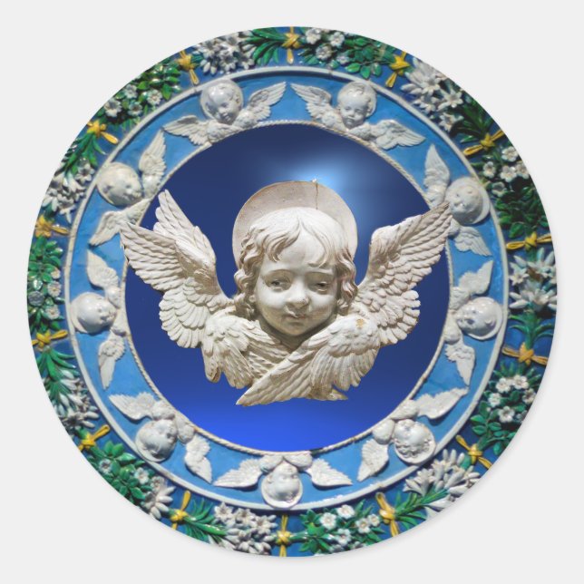 STICKER ROND FLORENTINE RENAISSANCE ANGEL FLORAL CROWN BLEU (Devant)